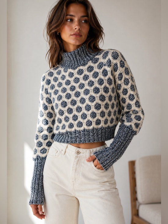 Club Monaco Sweaters - Club Monaco Honeycomb Knit Cropped Mock Neck Sweater Wool Alpaca Blue Ivory S